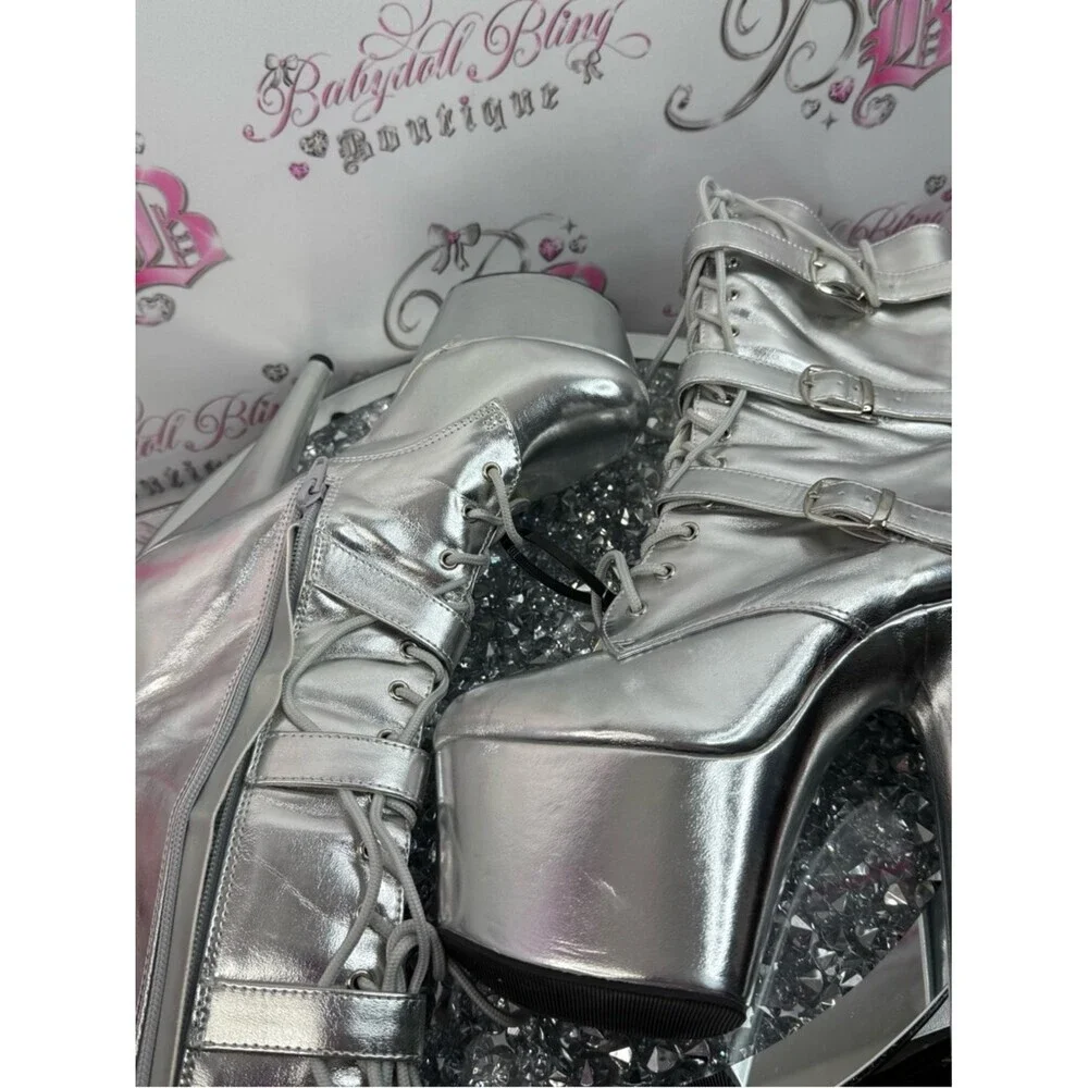 Pleaser boots high heels buckle Metallic Silver Lace-Up Platform Ankle Boots
